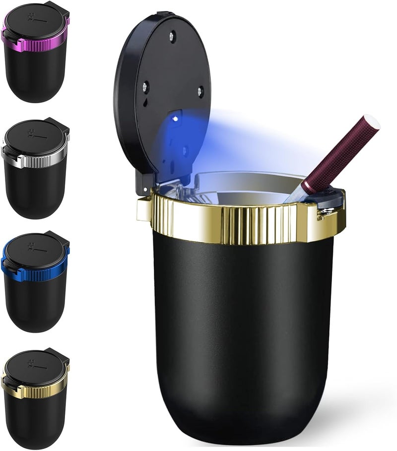 Windshoon Smokeless Car Ashtray with Lid - Stainless Steel Inner Container Windproof Ashtray, Portable LED Blue Light Auto Accessories for Travel, Detachable Mini Trash Can (Golden 1-Pack) - Image 1